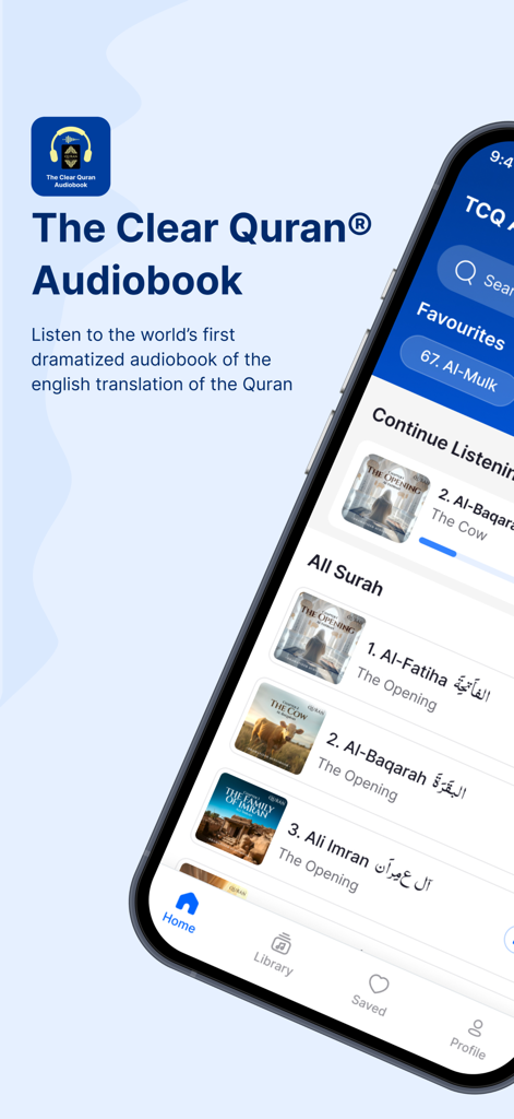 Interface of The Clear Quran Audiobook mobile app featuring a list of surahs and dramatized audio options
