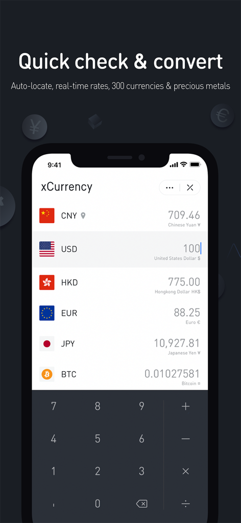 xCurrency app interface for real-time currency and cryptocurrency conversion with a minimalist design