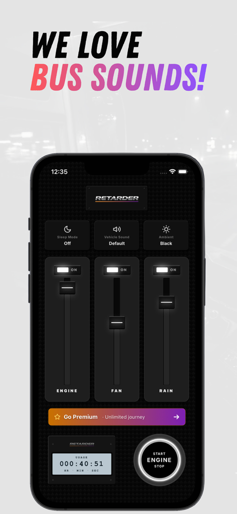 Retarder: Bus sounds - Interfaz de la aplicación Retarder con controles deslizantes de audio ajustables para los sonidos del ventilador del motor y la lluvia con un botón de inicio/parada del motor