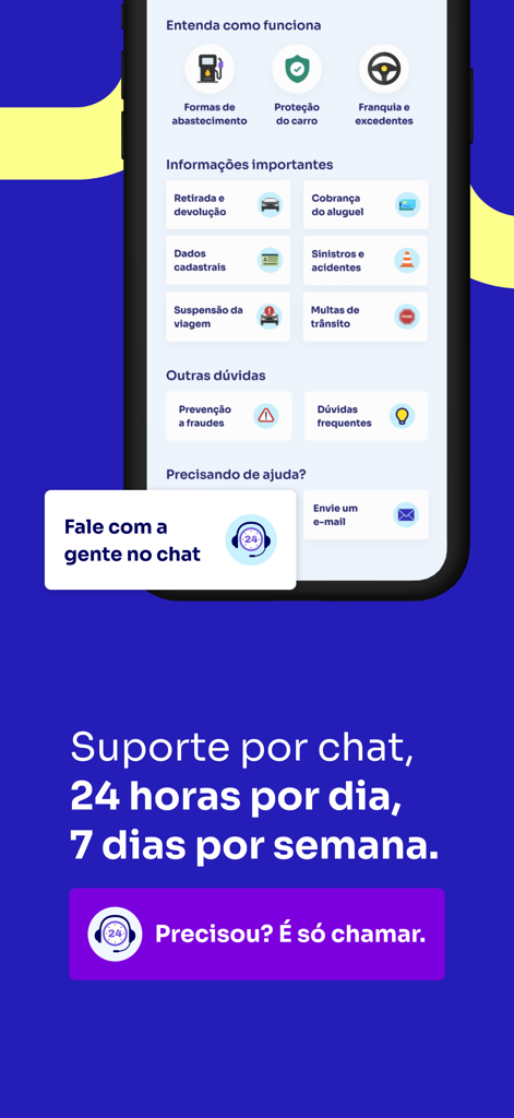 Turbi - Aluguel de Carros 24h - Turbi app interface showing 24/7 chat support and rental information categories like billing and accidents