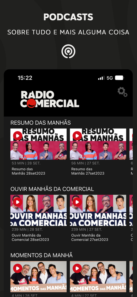 Radio Comercial - Der Podcast-Bereich der Radio Comercial App mit Kategorien wie Morgensendungszusammenfassungen und Highlights.