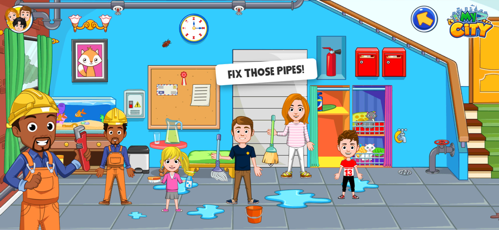 A family and plumbers working together to fix a water leak in a basement room