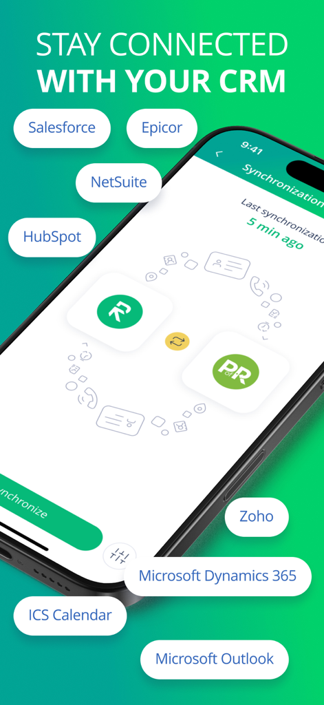 Pantalla de sincronización de integración de la aplicación móvil RepMove que muestra integraciones con Salesforce, HubSpot y Microsoft Dynamics 365