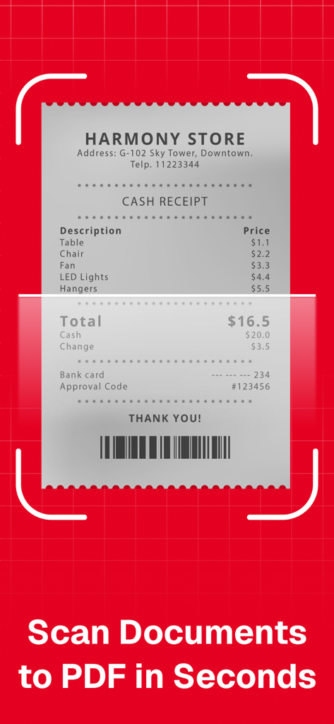 A cash receipt being scanned by a mobile document scanner to create a PDF file