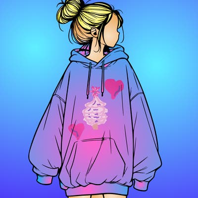 realistic girl with a oversized sweatshirt on and a bun