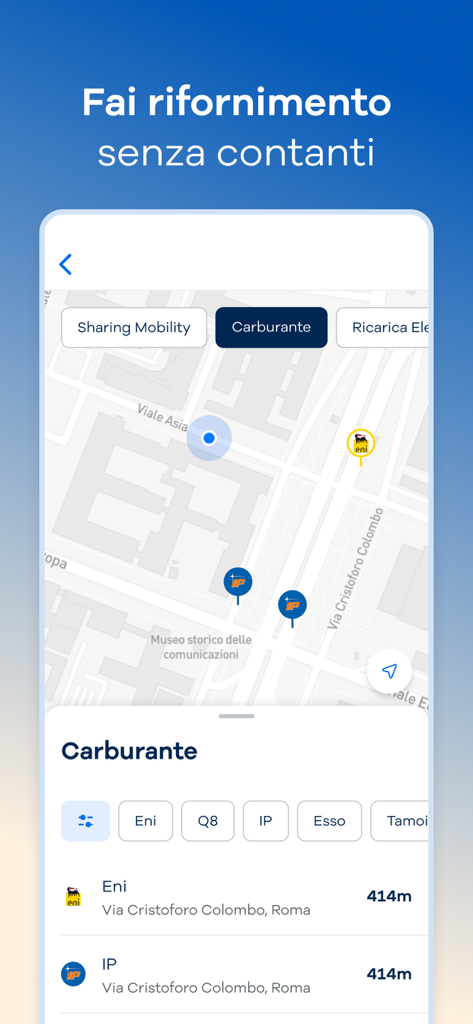 Telepass: pedaggi e parcheggi - Telepass app map interface for locating gas stations and paying for fuel without cash