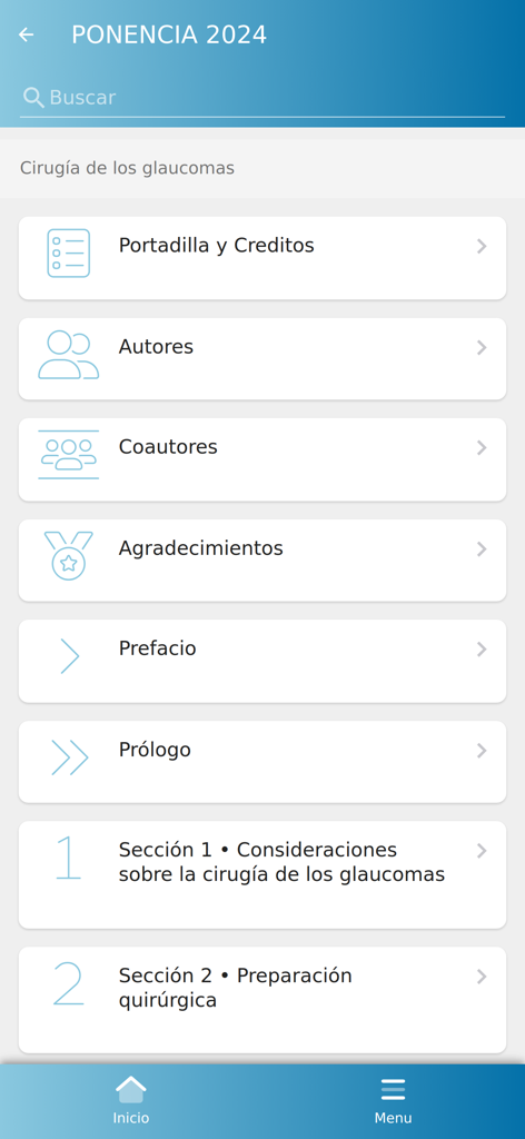 Tabla de contenidos de la presentación de 2024 sobre cirugía de glaucoma dentro de la aplicación Biblioteca SEO.
