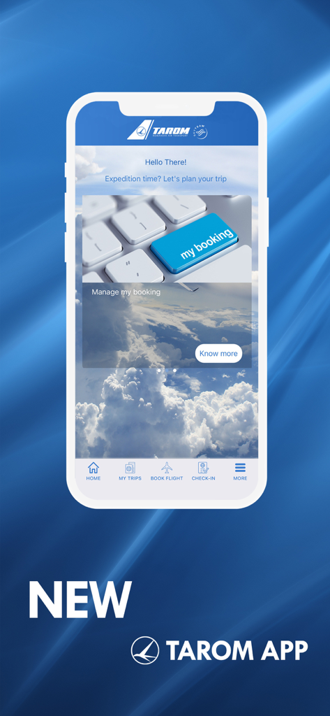 Schermata principale dell'app mobile TAROM che mostra le opzioni di gestione prenotazioni e pianificazione viaggi