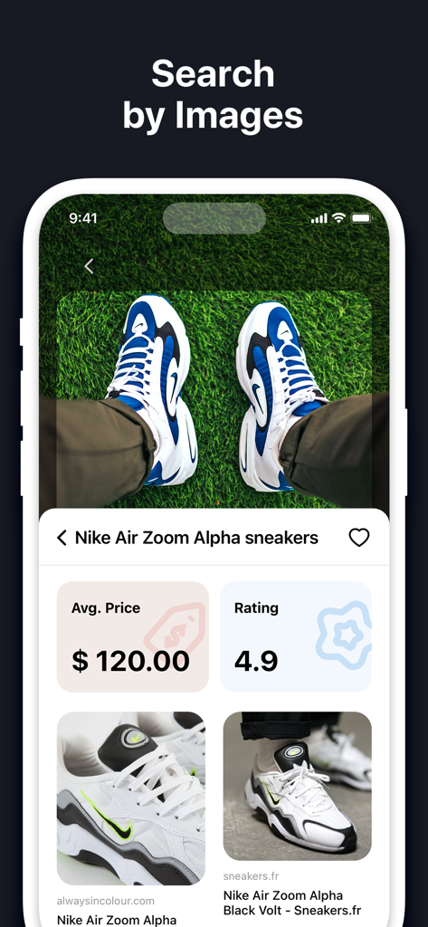 EveryScan app interface identifying Nike sneakers with price and rating information using AI visual search.