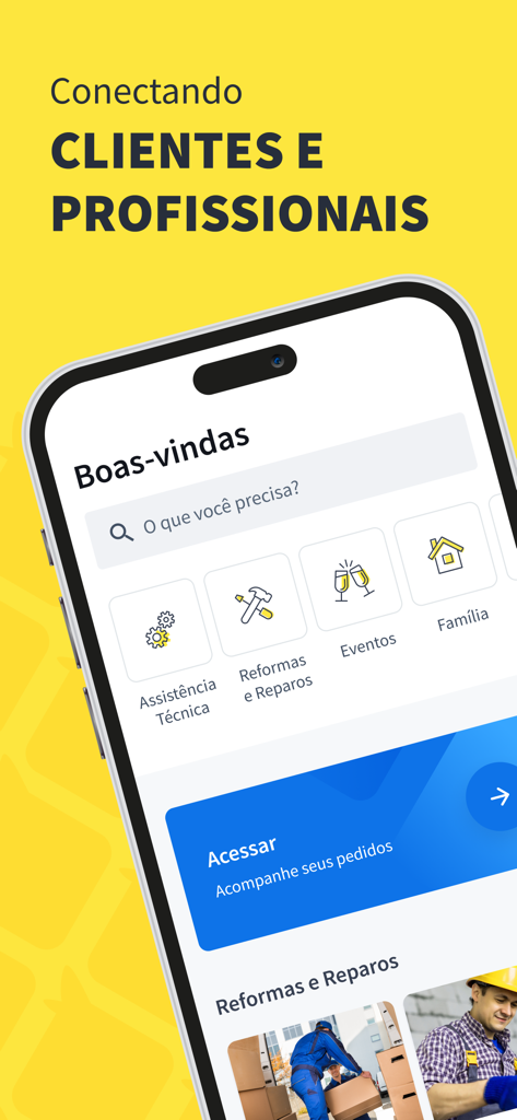 Smartphone mostrando la pantalla de inicio de la aplicación GetNinjas para contratar profesionales locales