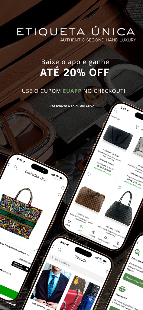 Etiqueta Única - Imagem promocional da aplicação Etiqueta Única mostrando malas de luxo e um código de desconto para moda em segunda mão