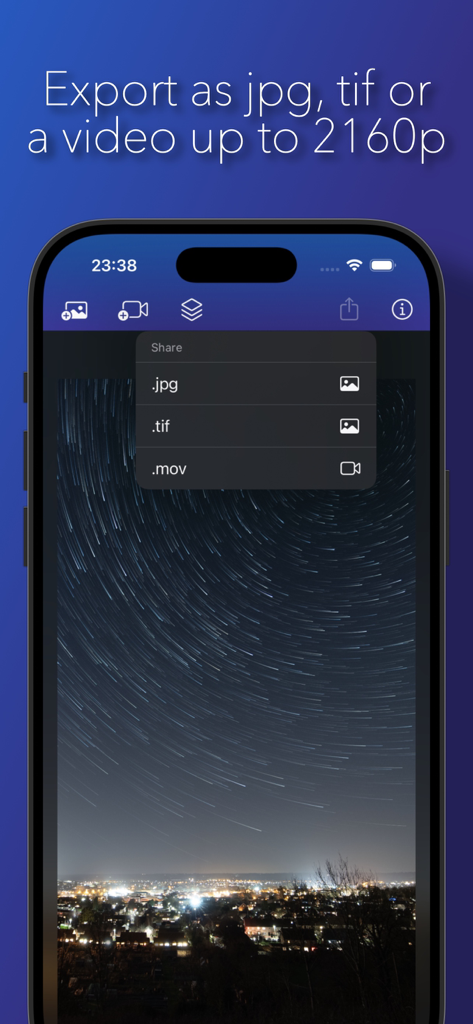 Star Stacker - iPhone screen showing export options for star trail photos in jpg, tif, and mov formats within the Star Stacker app.