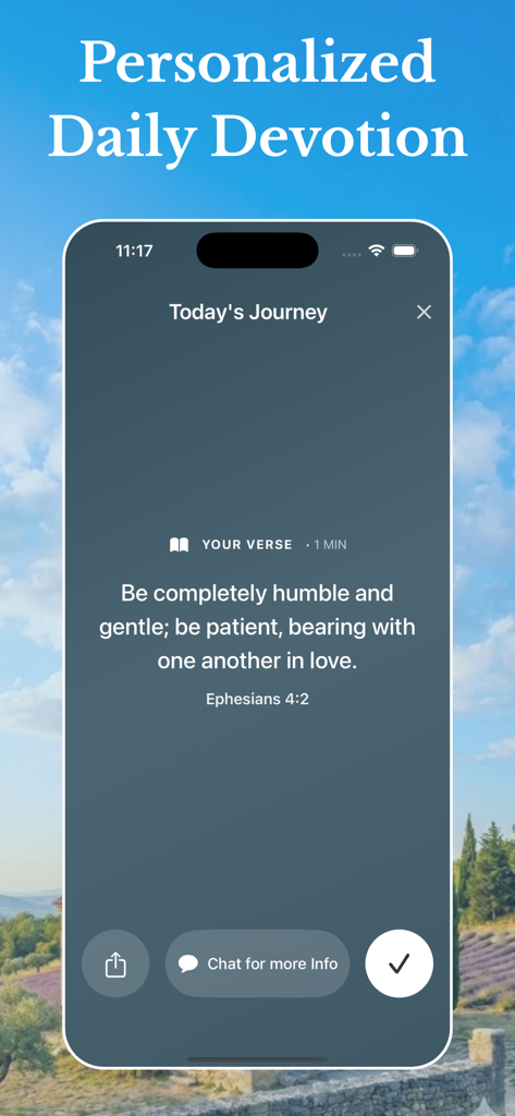 Bible Chat: Prayer & Scripture - Uma tela de devoção diária personalizada no aplicativo Bíblia Chat mostrando um versículo de Efésios 4:2