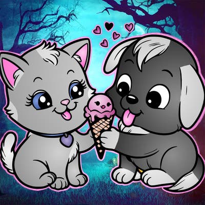 a kitty and a puppy sharing an ice cream