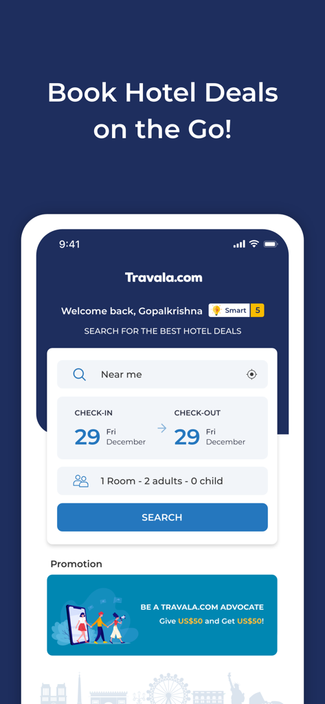 Travala app hotel search screen with smart loyalty program rewards and travel deals