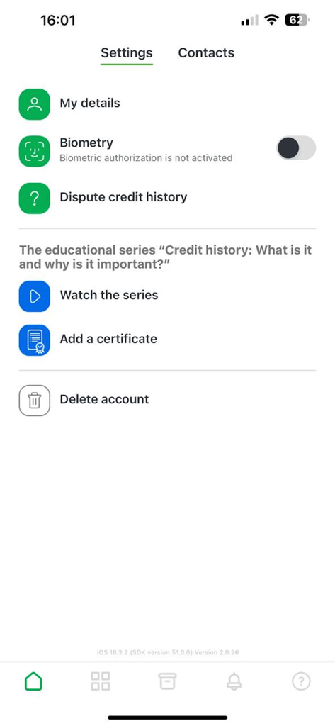 UBKI - Credit history - Settings screen of the UBKI Credit history app showing account details and security options.