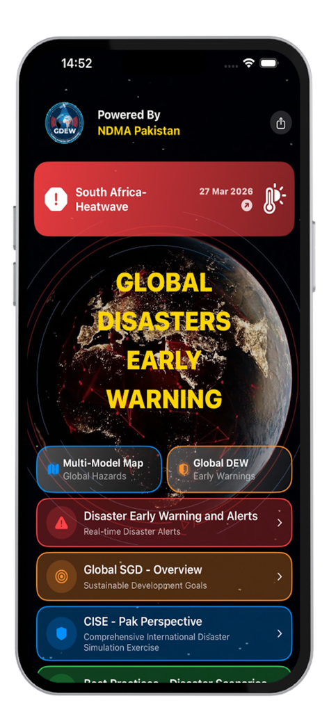 Global Disasters Early Warning - Global Disasters Early Warning app home screen showing a heatwave alert and disaster monitoring options