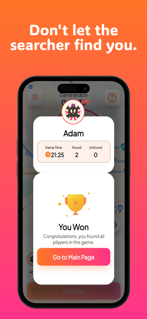 Pantalla de victoria en la aplicación Gottcha que muestra los resultados del juego y un icono de trofeo