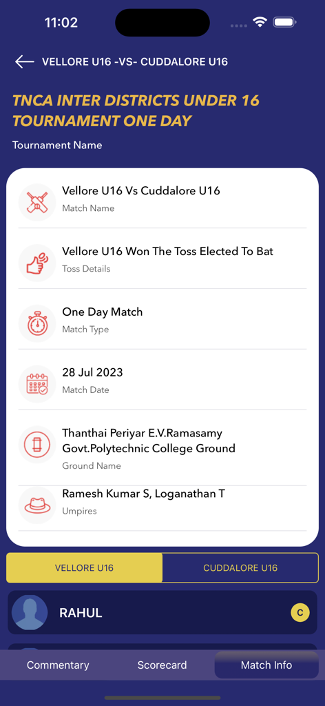 TNCA LIVE app screen showing cricket match details including toss result ground name and umpires