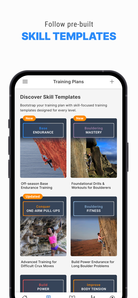 Crimpd - Interface of the Crimpd app showing rock climbing skill templates for bouldering and endurance training.