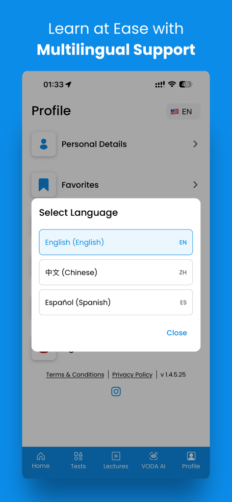 VetEye - VetEye app interface showing a language selection menu with options for English, Chinese, and Spanish