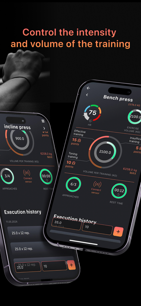 AQ Trainer - AQ Trainer mobile app showing workout intensity and volume metrics for bench press on two iPhones