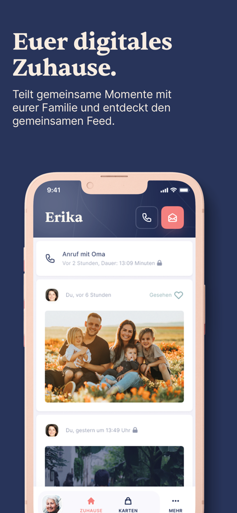 enna - enna app interface showing a shared family feed with photos and call history logs