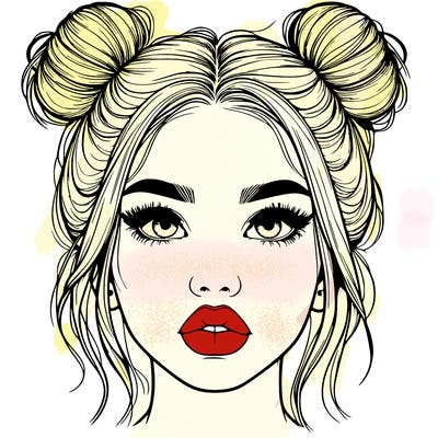 realistic girl with two buns on her hair and lips