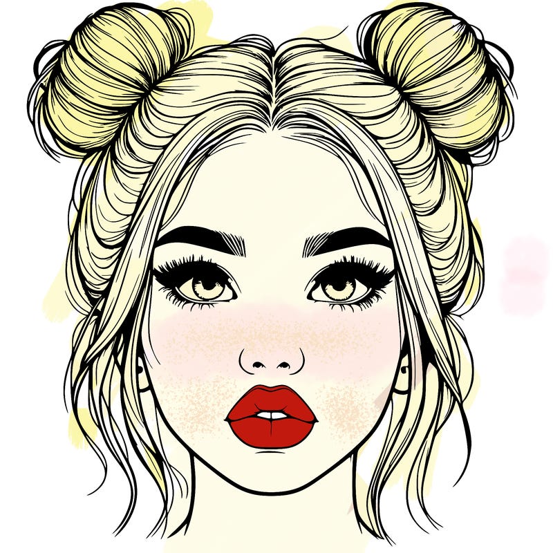 realistic girl with two buns on her hair and lips