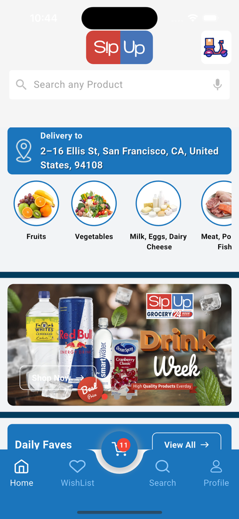 과일, 채소 등 식료품 카테고리와 음료 프로모션 배너를 보여주는 SipUP 앱 홈 화면