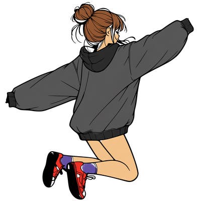 realistic girl jumping with a bun and oversized sweatshirt
