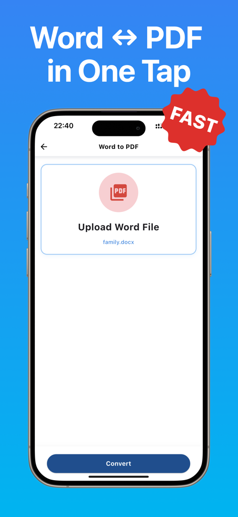 Pantalla de la aplicación móvil mostrando una función rápida de conversión de Word a PDF con un solo toque