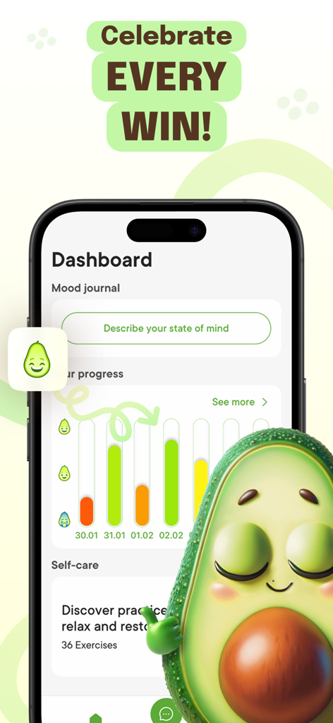 Dashboard of the Avocado AI wellbeing app displaying mood journal progress and 3D character Avo.