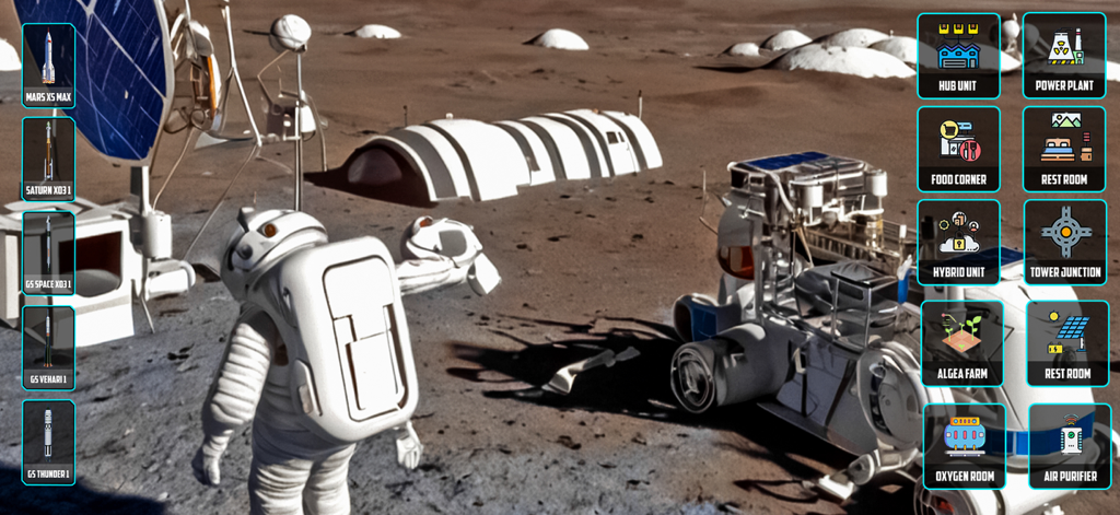 Astronaut auf der Marsoberfläche mit Bauoptionen und Raketenauswahl in einem Weltraumsimulator