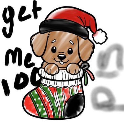 cute puppy wearing santa hat in socking