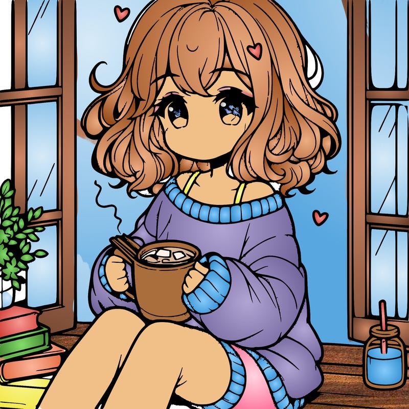 cute anime girl reading book and drinking hot chocolate from mug with loose wavy hair wearing a baggy sweatshirt and shorts sitting by windowsill looking out