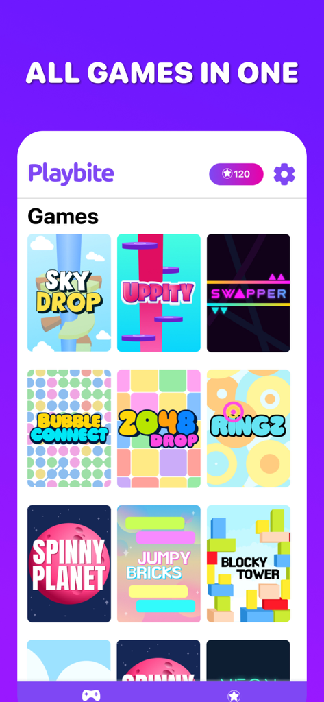 Playbite - Mobile Arcade - Interface of Playbite mobile arcade app showing a library of different mini games