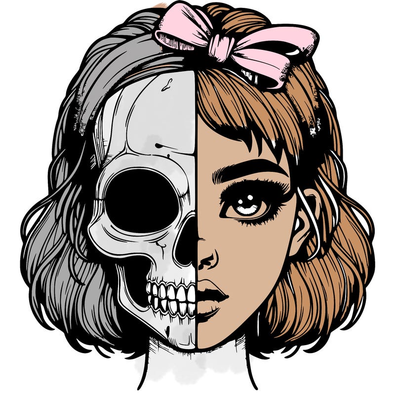 realistic girl with half skull mask