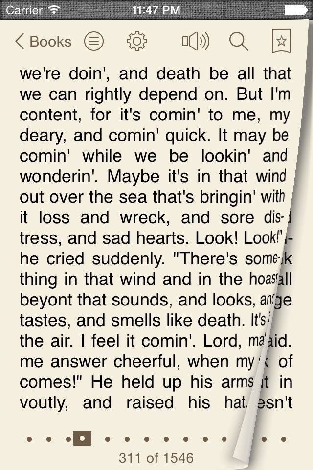 TotalReader for iPhone - The BEST eBook reader for epub, fb2, pdf, djvu, mobi, rtf, txt, chm, cbz, cbr - TotalReader app showing an eBook page with a page turn effect on iPhone