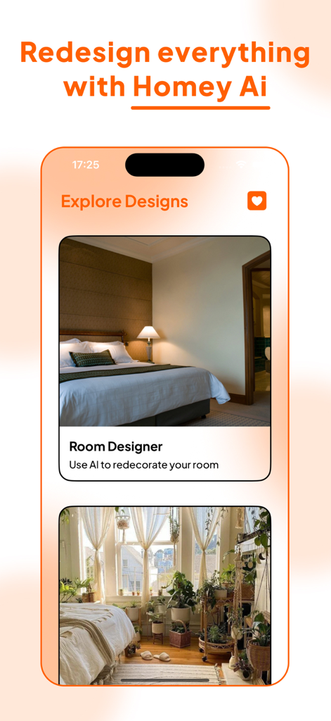AI Design: Homey - Homey AI app screen showing explore designs and room designer features for interior home renovation