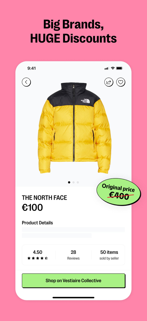 Faircado app interface showing a major discount on a secondhand North Face jacket from Vestiaire Collective