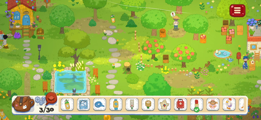 LittleAdventurerTreasureHunt - Escena de jardín dibujada a mano con objetos ocultos para encontrar en Little Adventurer Treasure Hunt