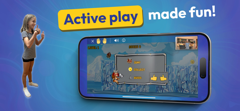 MovePlay Active Games for Kids - A young girl playing a motion-controlled fitness game for kids on a smartphone