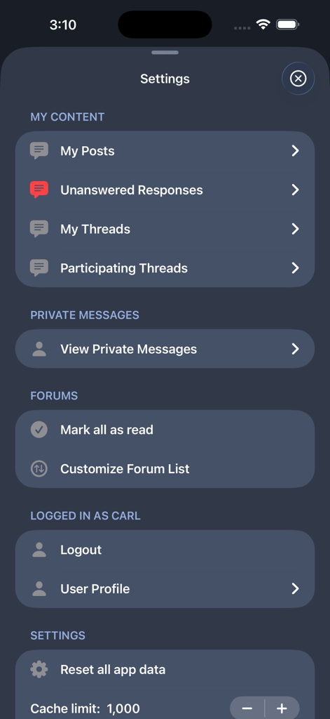 WatchProSite - Settings menu of the WatchProSite app displaying user content and account options