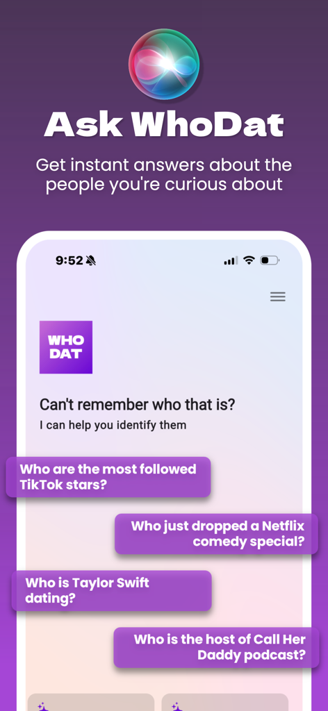 WhoDat app interface showing a list of AI search queries about TikTok stars, Netflix specials, and celebrity news.