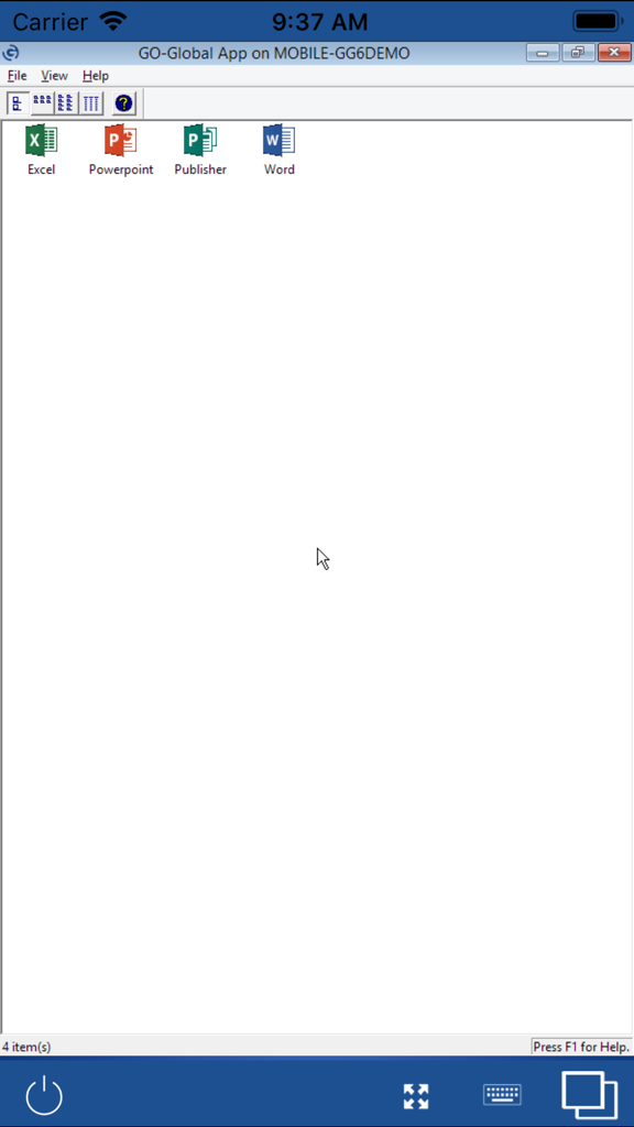 GO-Global - Interfaccia dell'app GO-Global che mostra applicazioni Windows remote come Excel e Word su un dispositivo mobile