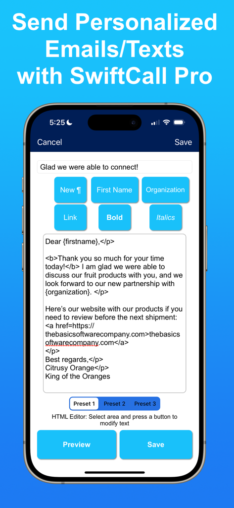 SwiftCall: Auto Dialer & CRM - SwiftCall Pro HTML editor for creating personalized email and text message templates with dynamic placeholders