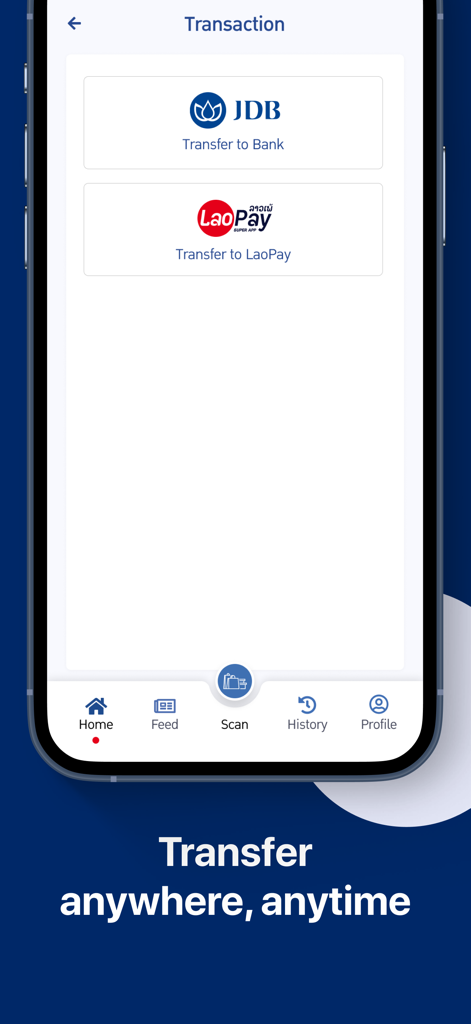 LaoPay app transaction screen showing options to transfer to JDB bank or another LaoPay account