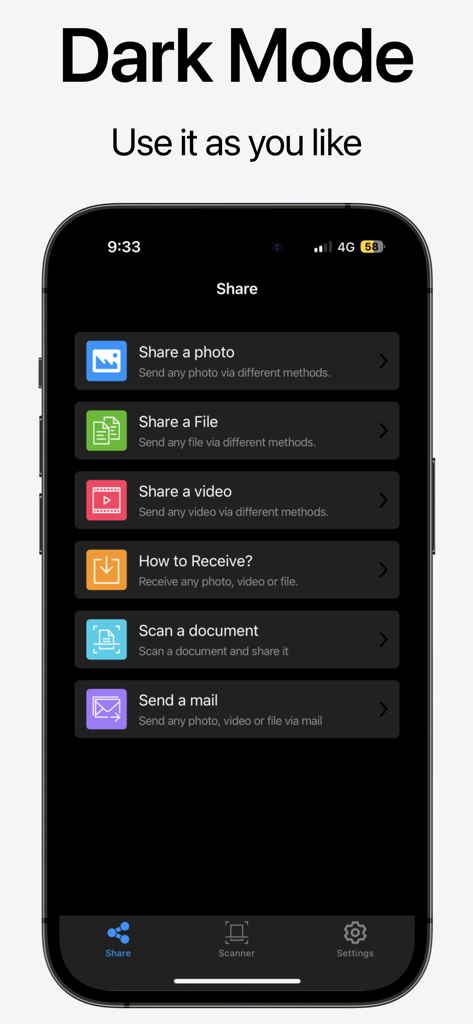 Air File Share and Drop app interface in dark mode showing sharing and scanning menu options