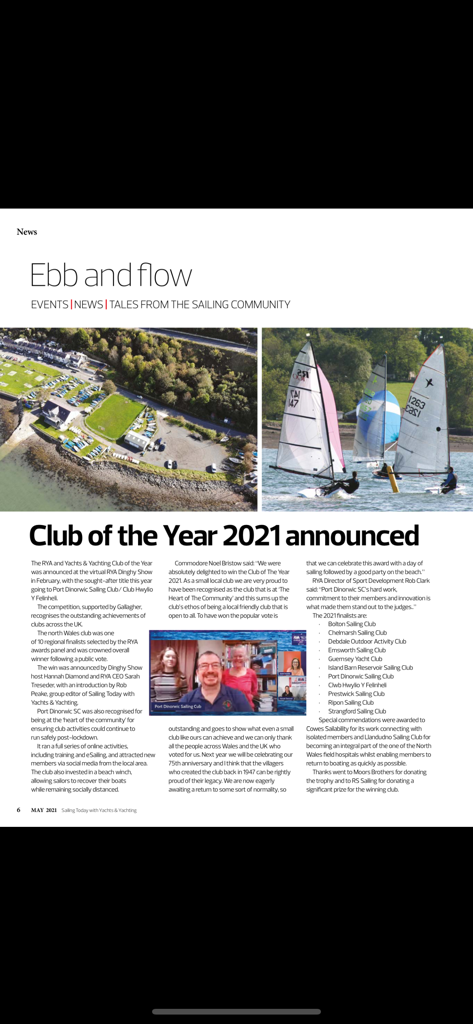 Página da revista digital da Yachts and Yachting anunciando o Clube do Ano de 2021 com notícias e fotos da comunidade de vela.